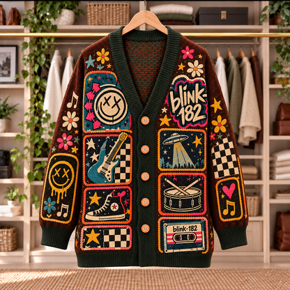 Blink-182 Patchwork Knitted Cardigan - Casual Oversized Button Sweater, Smiley Face UFO Punk Rock Band Fan Gift