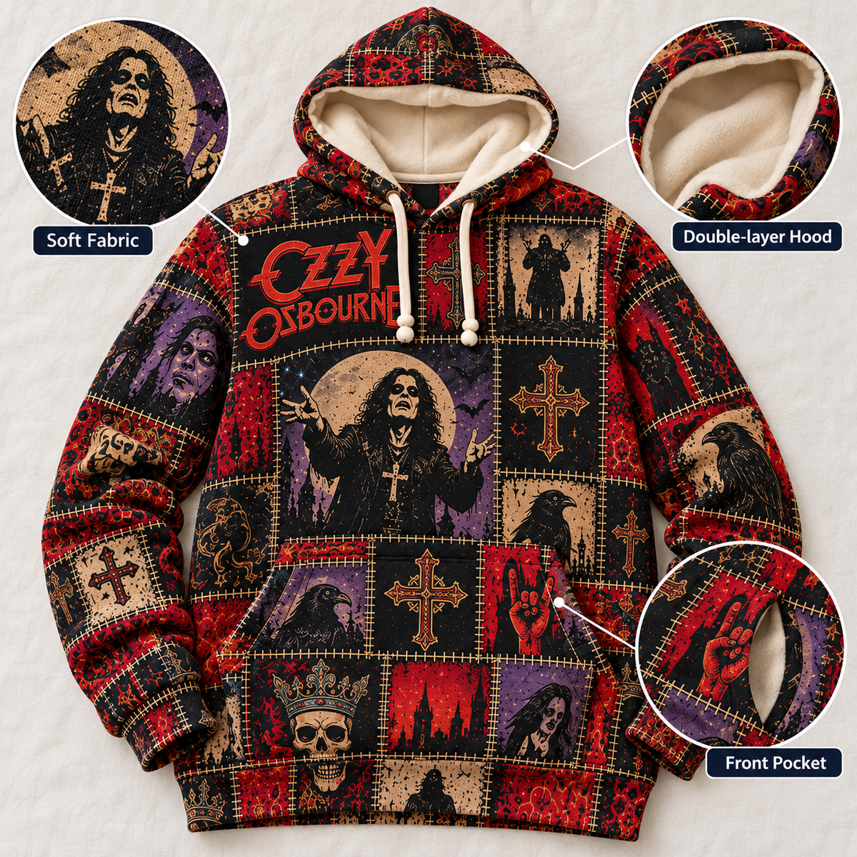 Ozzy Osbourne Patchwork Hoodie – Vintage Prince of Darkness Graphic Pullover, Retro Heavy Metal Sweatshirt, Black Sabbath Legend Fan Gift, Unisex Gothic Rock Hoodie