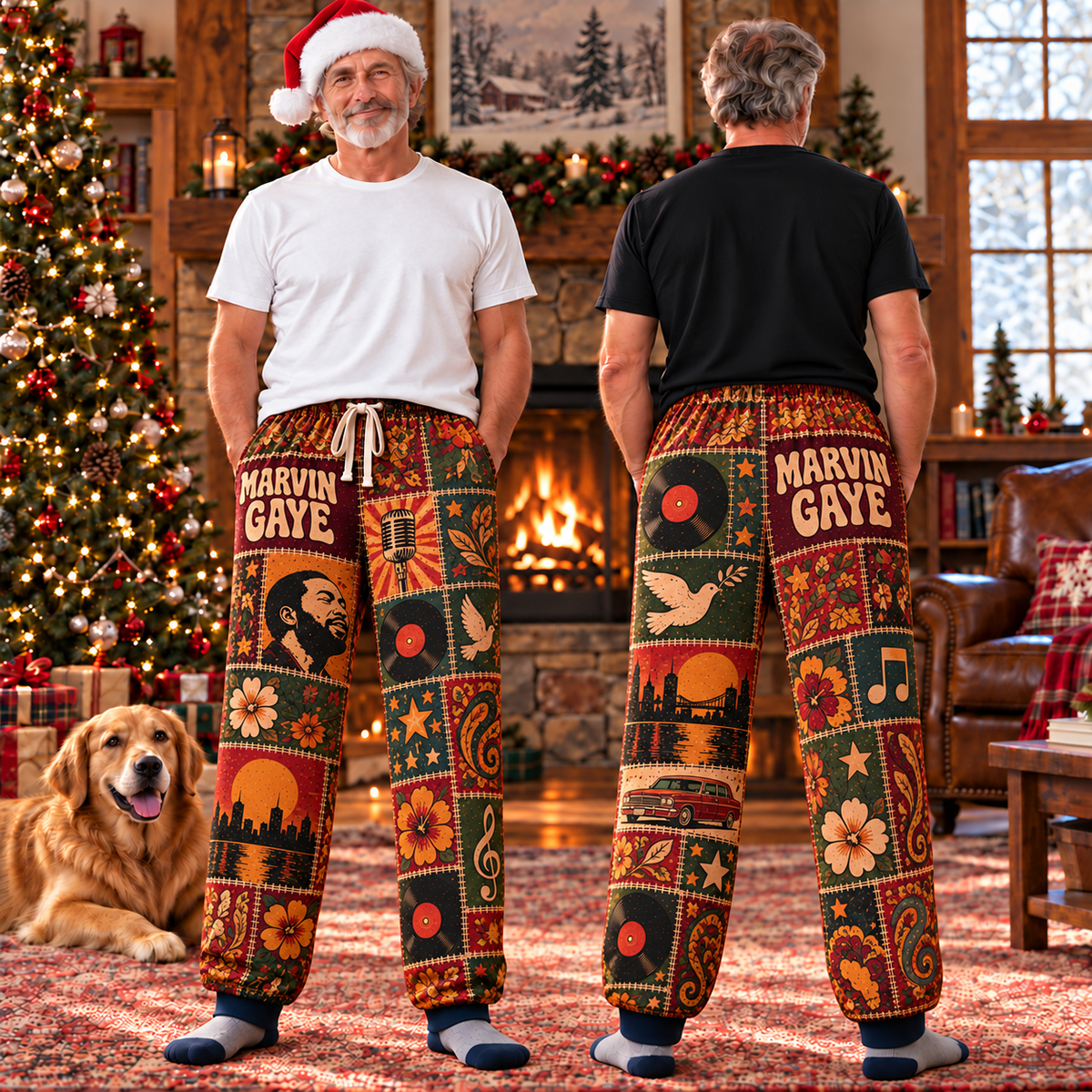 Marvin Gaye Pajama Pants - Vintage Patchwork Soul Music Portrait & Vinyl Art Lounge Pants with Elastic Waistband, Adjustable Drawstring