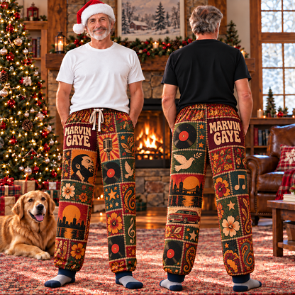 Marvin Gaye Pajama Pants - Vintage Patchwork Soul Music Portrait & Vinyl Art Lounge Pants with Elastic Waistband, Adjustable Drawstring
