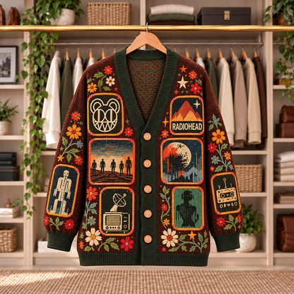Radiohead Patchwork Knitted Cardigan - Casual Oversized Button Sweater, Modified Bear Alternative Rock Fan Gift