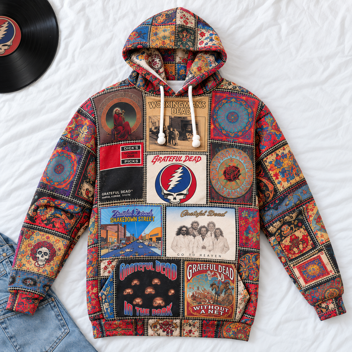 Grateful Dead Patchwork Hoodie – Vintage Psychedelic Rock Band Graphic Pullover, Retro Album Cover Hoodie, Grateful Dead Fan Gift