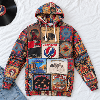 Grateful Dead Patchwork Hoodie – Vintage Psychedelic Rock Band Graphic Pullover, Retro Album Cover Hoodie, Grateful Dead Fan Gift