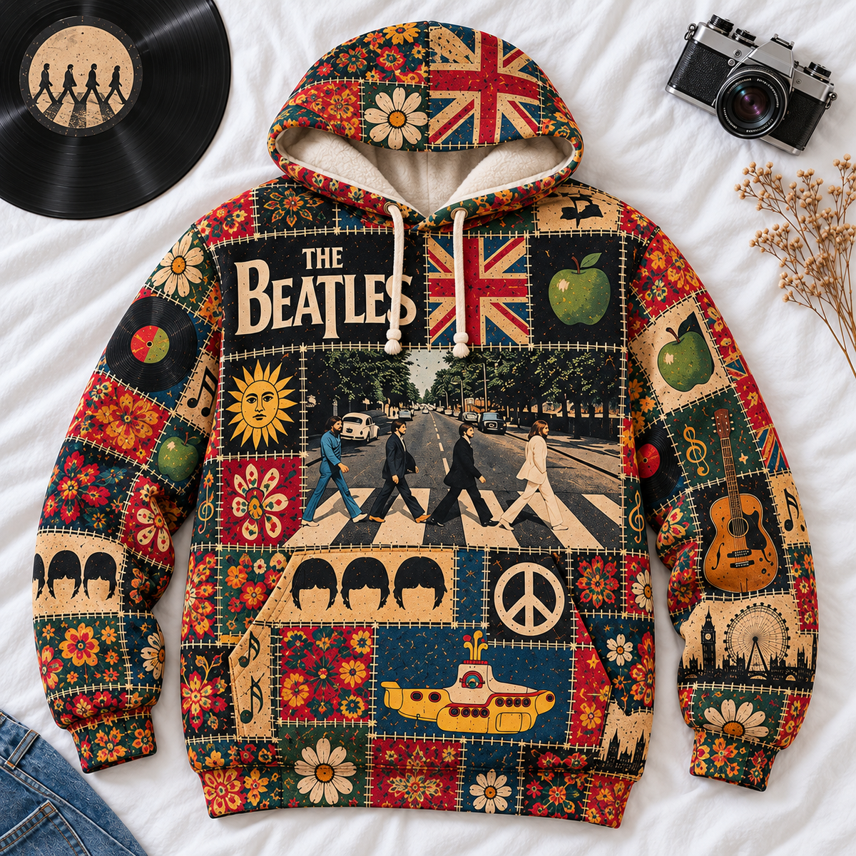 The Beatles Patchwork Hoodie – Vintage 60s Psychedelic Rock Graphic Pullover, Abbey Road & Yellow Submarine Design, Retro Floral Beatles Sweatshirt