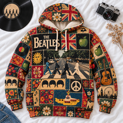 The Beatles Patchwork Hoodie – Vintage 60s Psychedelic Rock Graphic Pullover, Abbey Road & Yellow Submarine Design, Retro Floral Beatles Sweatshirt