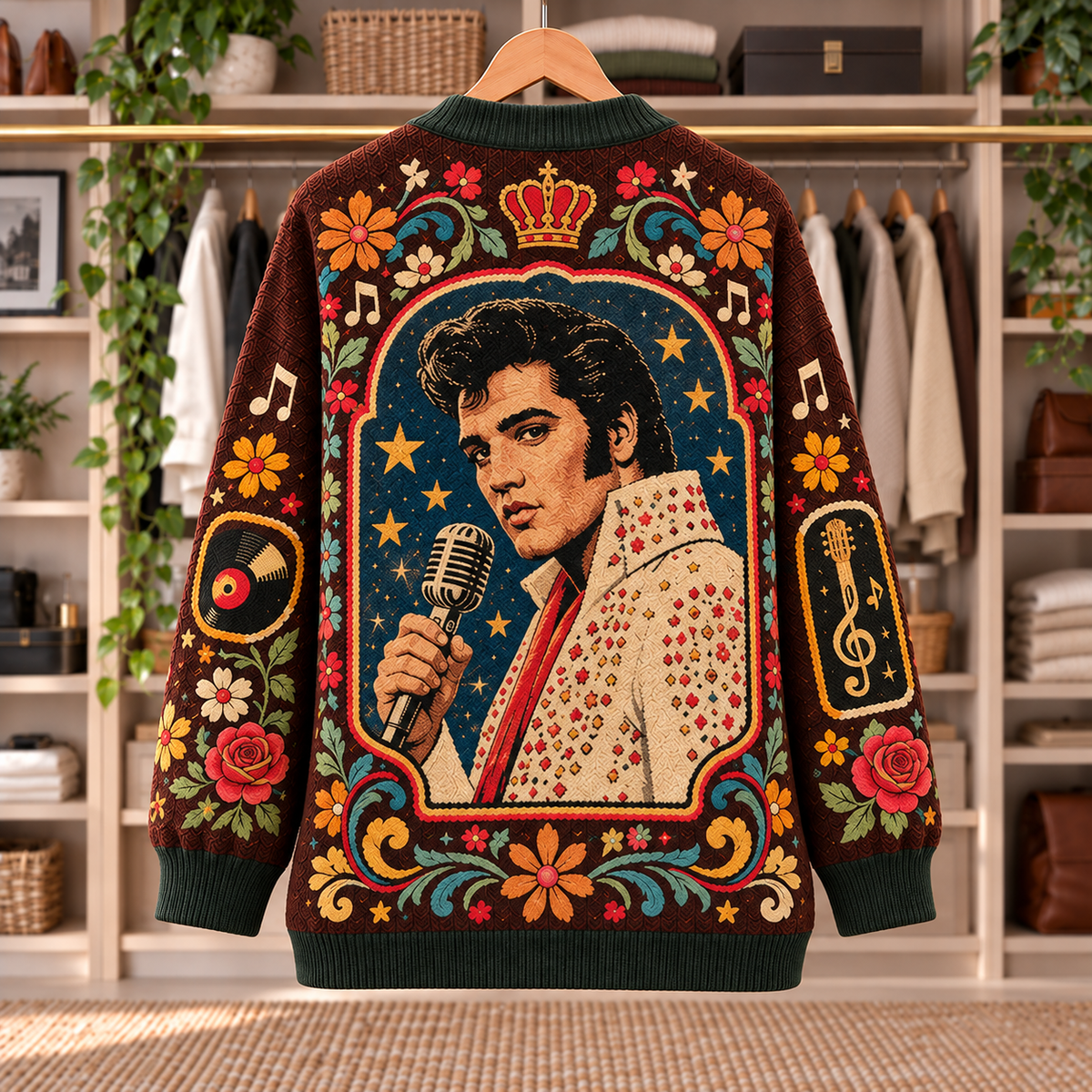 Elvis Presley Patchwork Cardigan - Casual Oversized Button Sweater, Jumpsuit Guitar Vinyl Rock and Roll Fan Gift