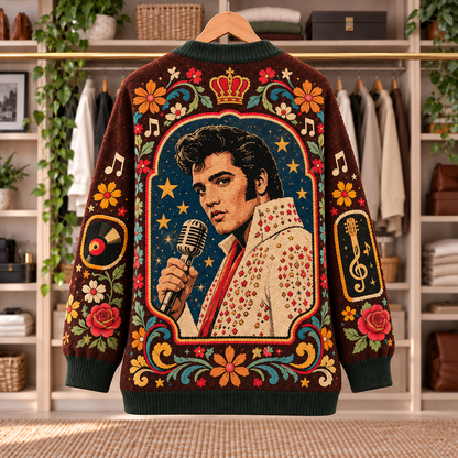 Elvis Presley Patchwork Cardigan - Casual Oversized Button Sweater, Jumpsuit Guitar Vinyl Rock and Roll Fan Gift