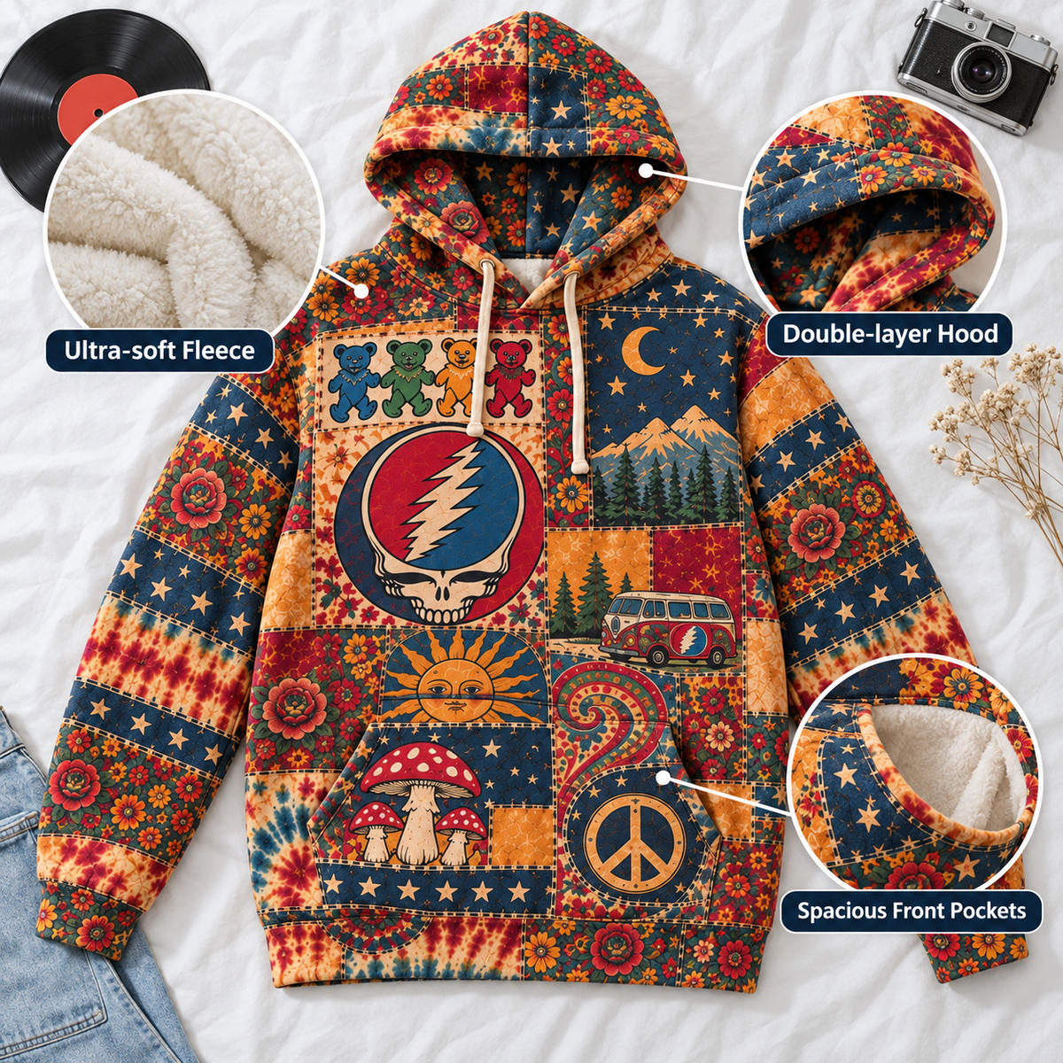 Grateful Dead Patchwork Hoodie – Vintage Steal Your Face Skull Graphic Pullover, Retro Tie Dye Hippie Hoodie, Grateful Dead Fan Gift