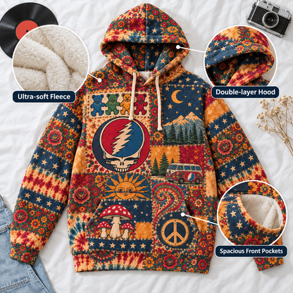 Grateful Dead Patchwork Hoodie – Vintage Steal Your Face Skull Graphic Pullover, Retro Tie Dye Hippie Hoodie, Grateful Dead Fan Gift