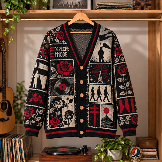 Depeche Mode Vintage Knit Cardigan - Premium Synth Pop Rock Music Merchandise, Retro Red Rose & Vinyl Record Graphic Button Up Top