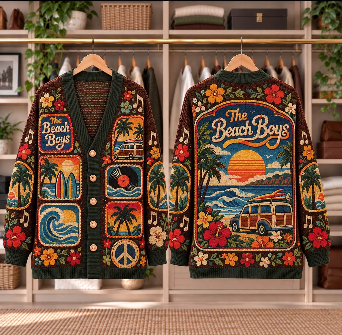 The Beach Boys Patchwork Cardigan - Casual Oversized Button Sweater, Surf Van Ocean Waves Rock Music Fan Gift