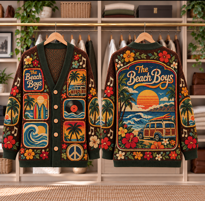 The Beach Boys Patchwork Cardigan - Casual Oversized Button Sweater, Surf Van Ocean Waves Rock Music Fan Gift