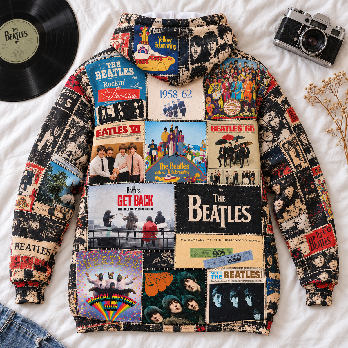 The Beatles Album Covers Patchwork Hoodie – Vintage 60s Rock Band Graphic Pullover, Abbey Road & Yellow Submarine Design, Retro Beatles Album Collage Sweatshirt,
