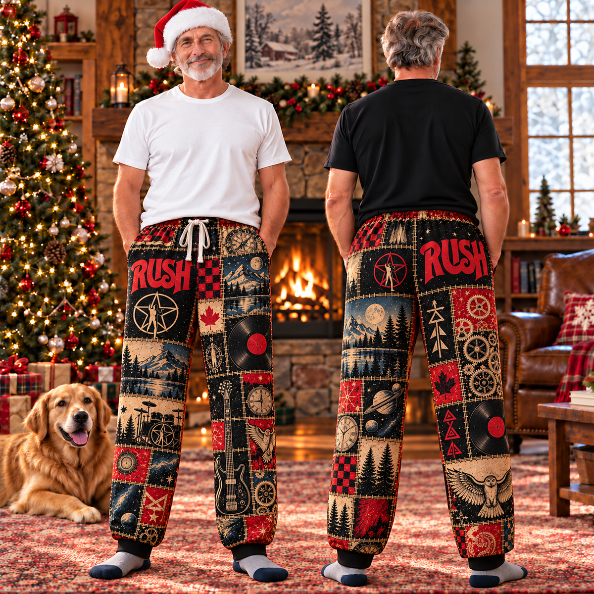 Rush Classic Pajama Pants - Retro Patchwork Canadian Maple Leaf, Bass Guitar & Clockwork Art Sleepwear - Comfortable Pants for Music Fans & Collectors Gift