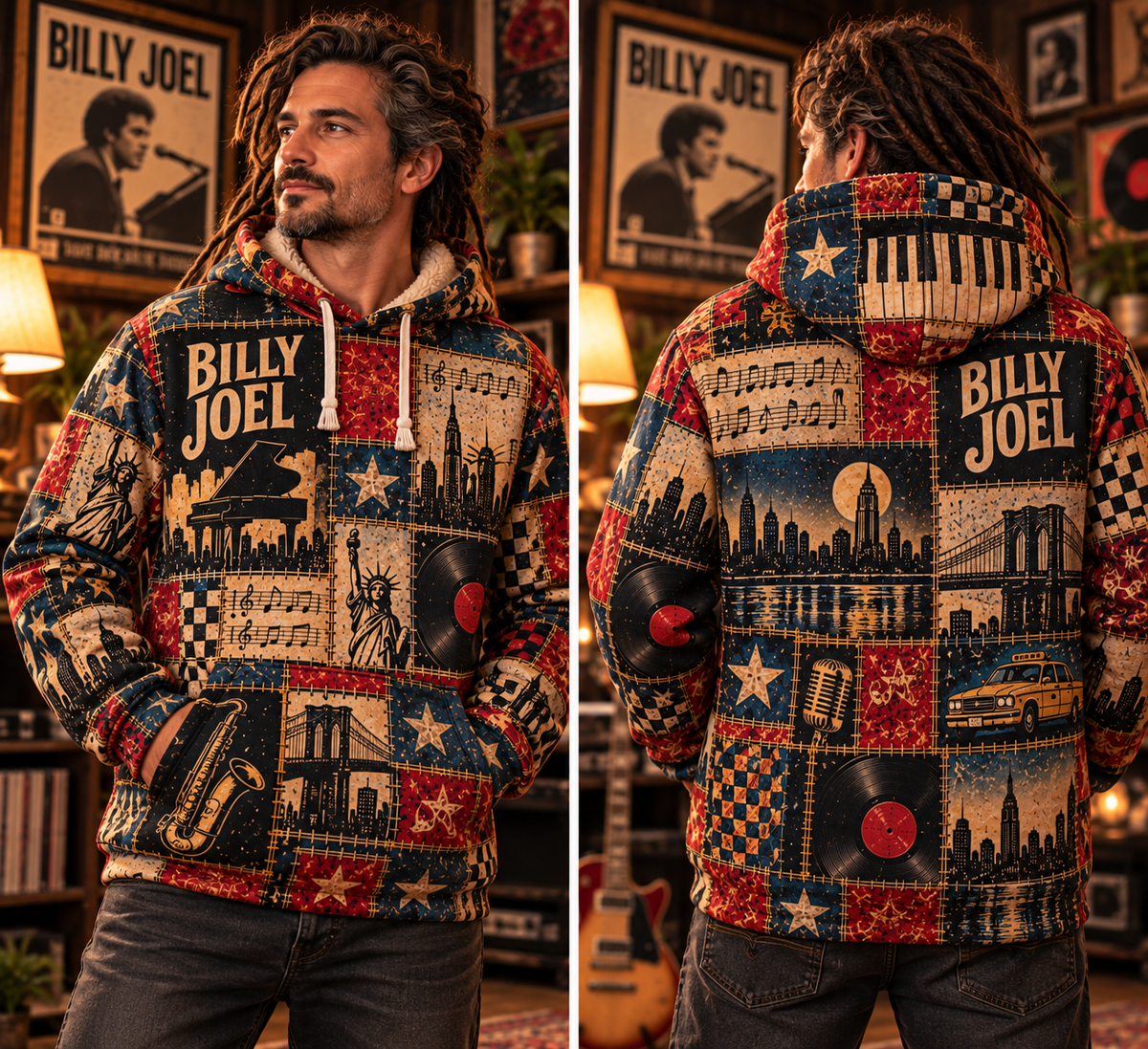 Billy Joel Patchwork Sherpa Hoodie – Piano Man Vintage Music Pullover, New York City Graphic Hoodie, Classic Rock Fan Gift