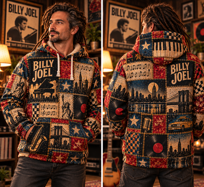 Billy Joel Patchwork Sherpa Hoodie – Piano Man Vintage Music Pullover, New York City Graphic Hoodie, Classic Rock Fan Gift