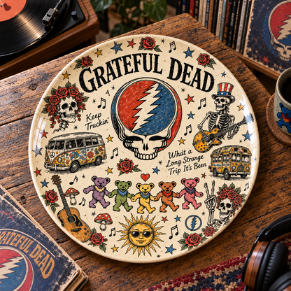 Grateful Dead Sketch Art Ceramic Plate - Decorative Wall & Table Display Dish, Steal Your Face Dancing Bears Rock Fan Gift