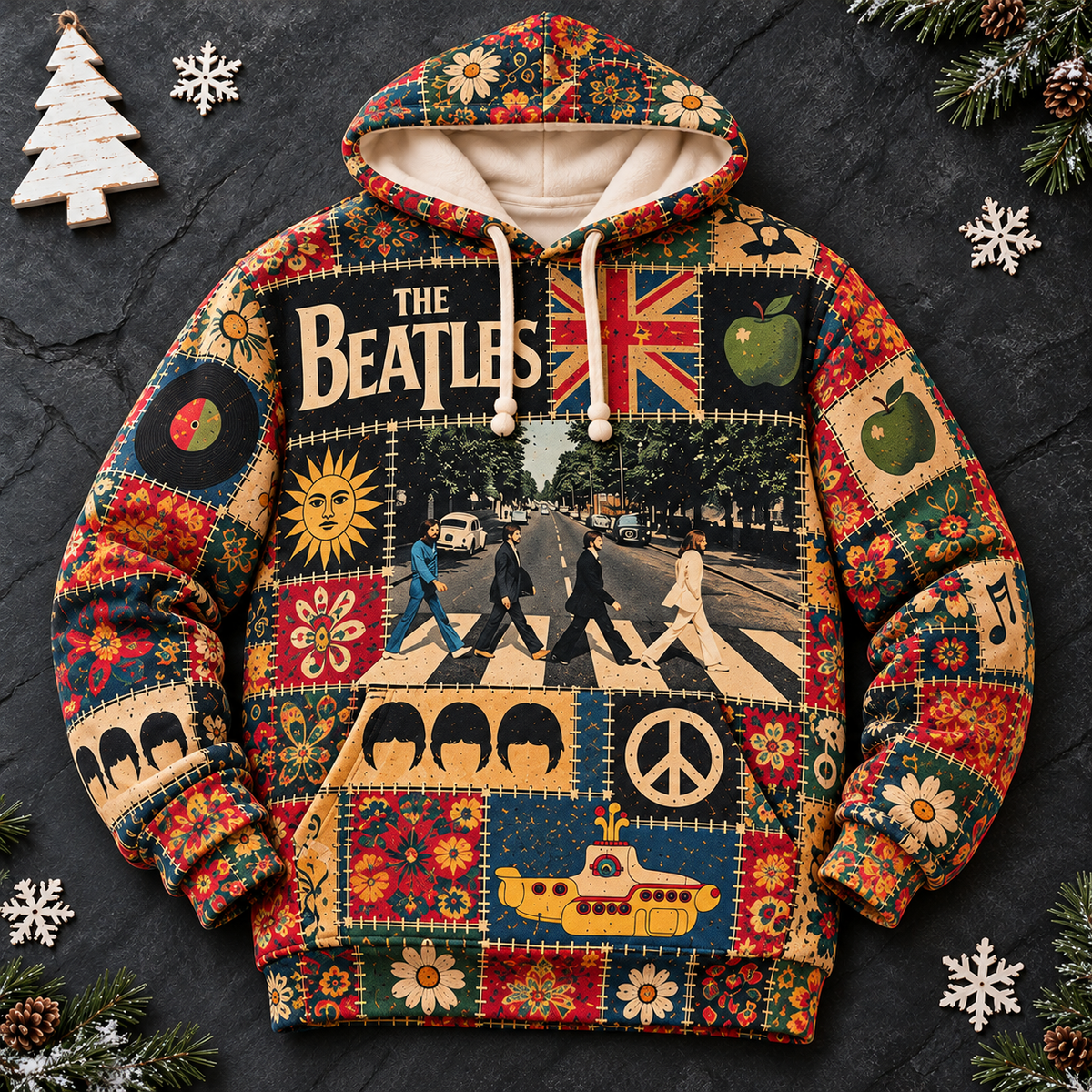 The Beatles Patchwork Hoodie – Vintage 60s Psychedelic Rock Graphic Pullover, Abbey Road & Yellow Submarine Design, Retro Floral Beatles Sweatshirt