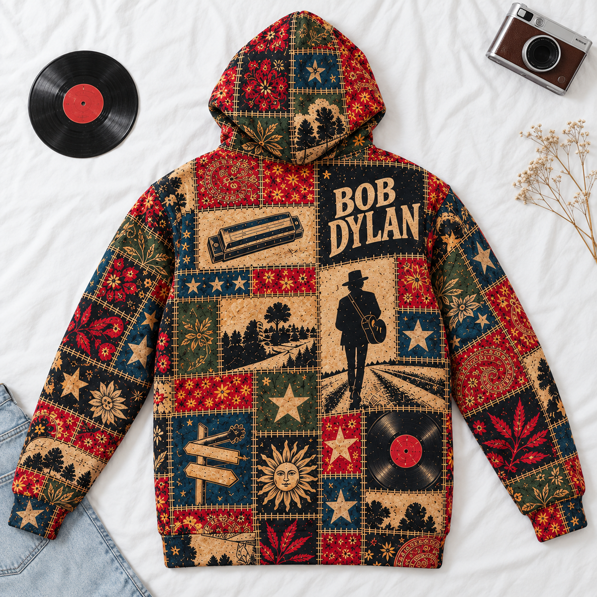 Bob Dylan Patchwork Sherpa Hoodie – Vintage Folk Rock Pullover, Retro Floral Graphic Hoodie, Ultra Soft Fleece, Bob Dylan Fan Gift