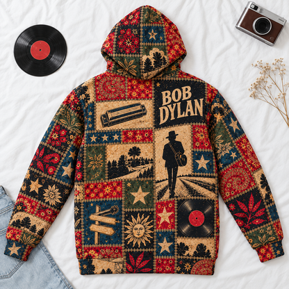 Bob Dylan Patchwork Sherpa Hoodie – Vintage Folk Rock Pullover, Retro Floral Graphic Hoodie, Ultra Soft Fleece, Bob Dylan Fan Gift