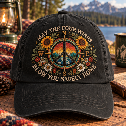 May the Four Winds Blow You Safely Home Denim Cap, Grateful Dead Inspired Cap, Peace Sign Compass Hat, Hippie Sunflower Gift, Boho Outdoor Cap
