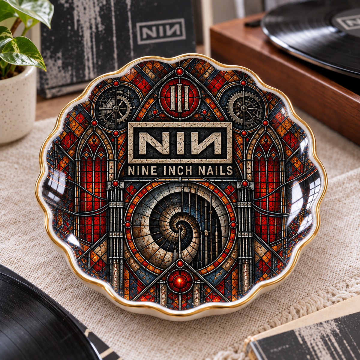 Nine Inch Nails Ceramic Ring Dish - Industrial Rock Stained Glass Jewelry Tray, NIN Spiral Trinket Dish Fan Gift