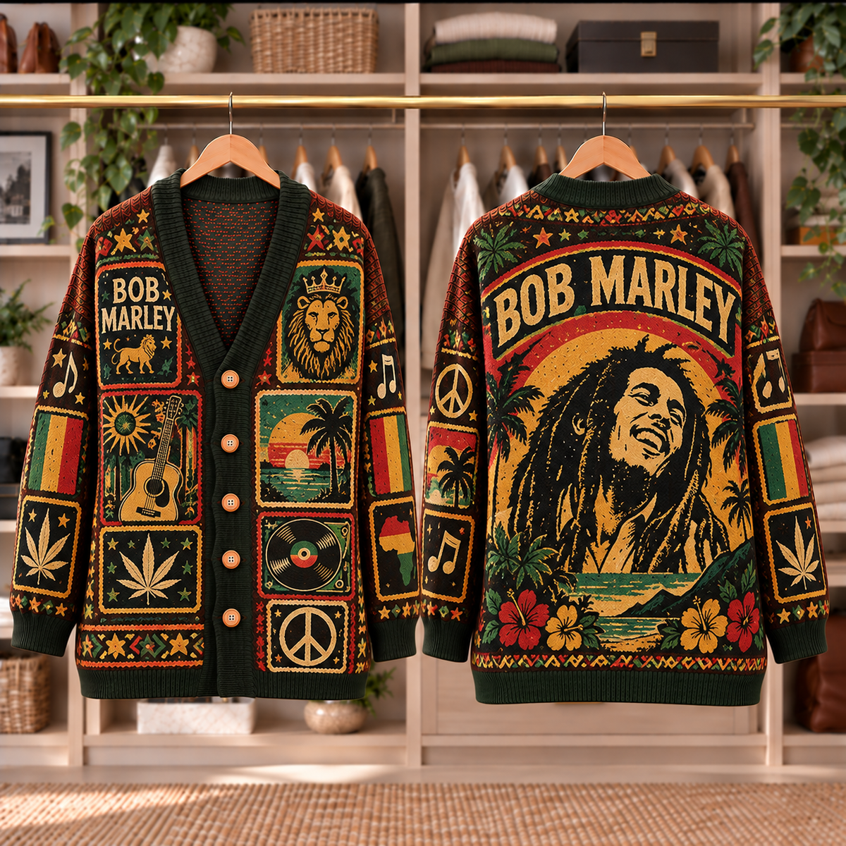 Bob Marley Patchwork Knitted Cardigan - Casual Oversized Button Sweater, Reggae Lion Guitar Music Fan Gift