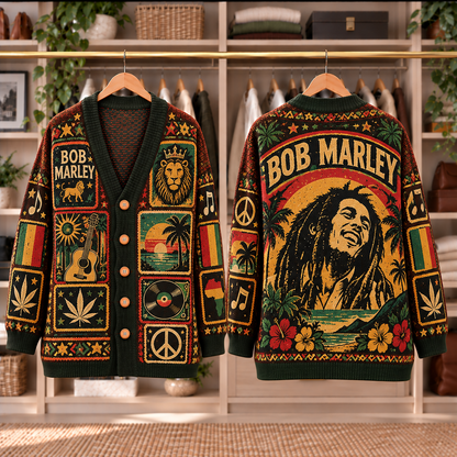 Bob Marley Patchwork Knitted Cardigan - Casual Oversized Button Sweater, Reggae Lion Guitar Music Fan Gift