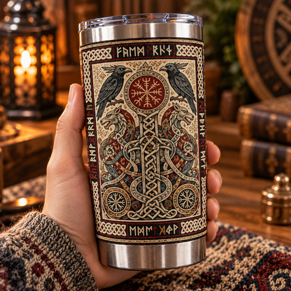 Vintage Viking Longship & Vegvisir Tapestry Pattern Tumbler - Ancient Norse Mythology Stainless Steel Drinkware
