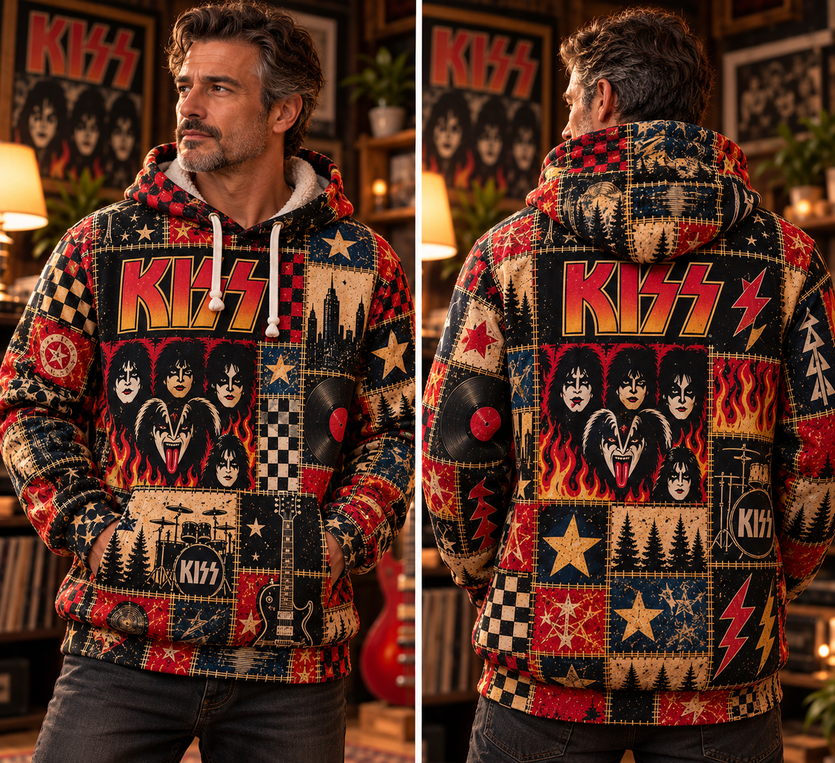 KISS Patchwork Hoodie – Vintage Rock Band Graphic Pullover, Retro Rock and Roll Music Hoodie, KISS Army Fan Gift