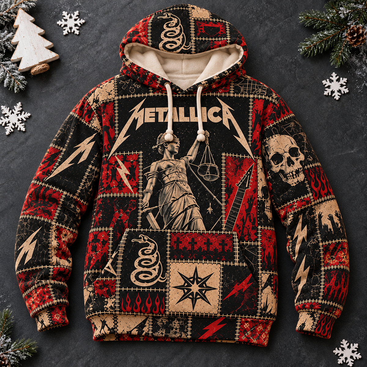 Metallica Patchwork Hoodie – Vintage Heavy Metal Graphic Pullover, And Justice for All Inspired Sweatshirt, Retro Thrash Metal Fan Gift, Unisex Rock Hoodie