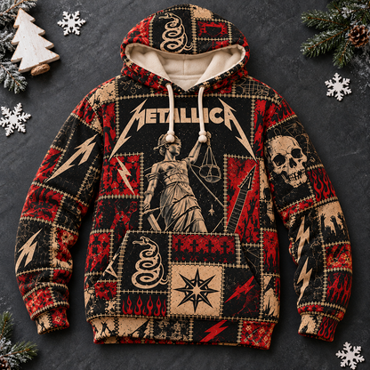 Metallica Patchwork Hoodie – Vintage Heavy Metal Graphic Pullover, And Justice for All Inspired Sweatshirt, Retro Thrash Metal Fan Gift, Unisex Rock Hoodie