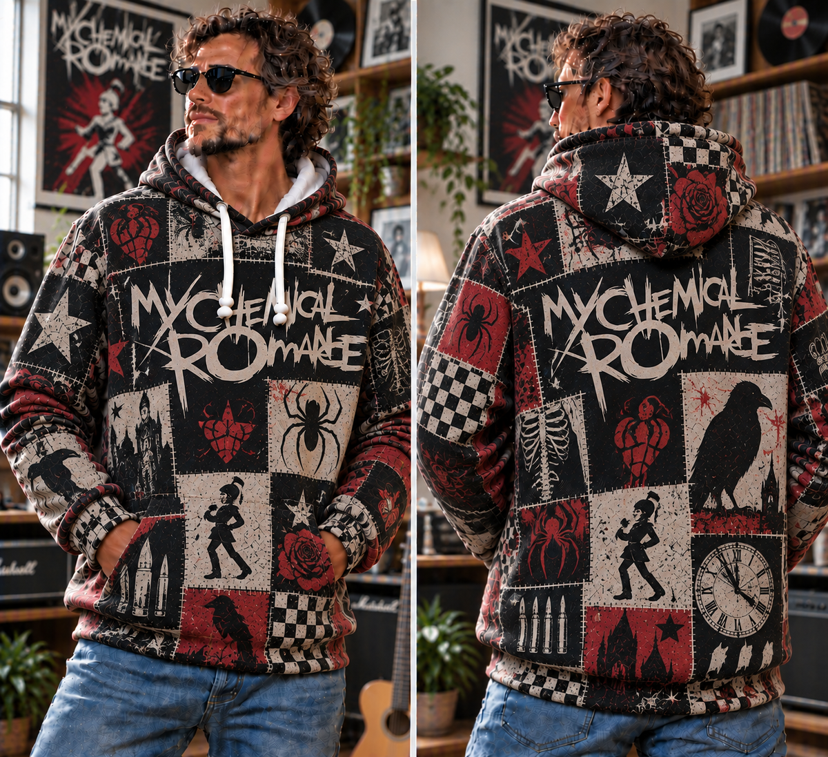 My Chemical Romance Patchwork Hoodie – Vintage Emo Rock Graphic Pullover, The Black Parade Inspired Sweatshirt, MCR Fan Gift, Unisex Alternative Rock Hoodie