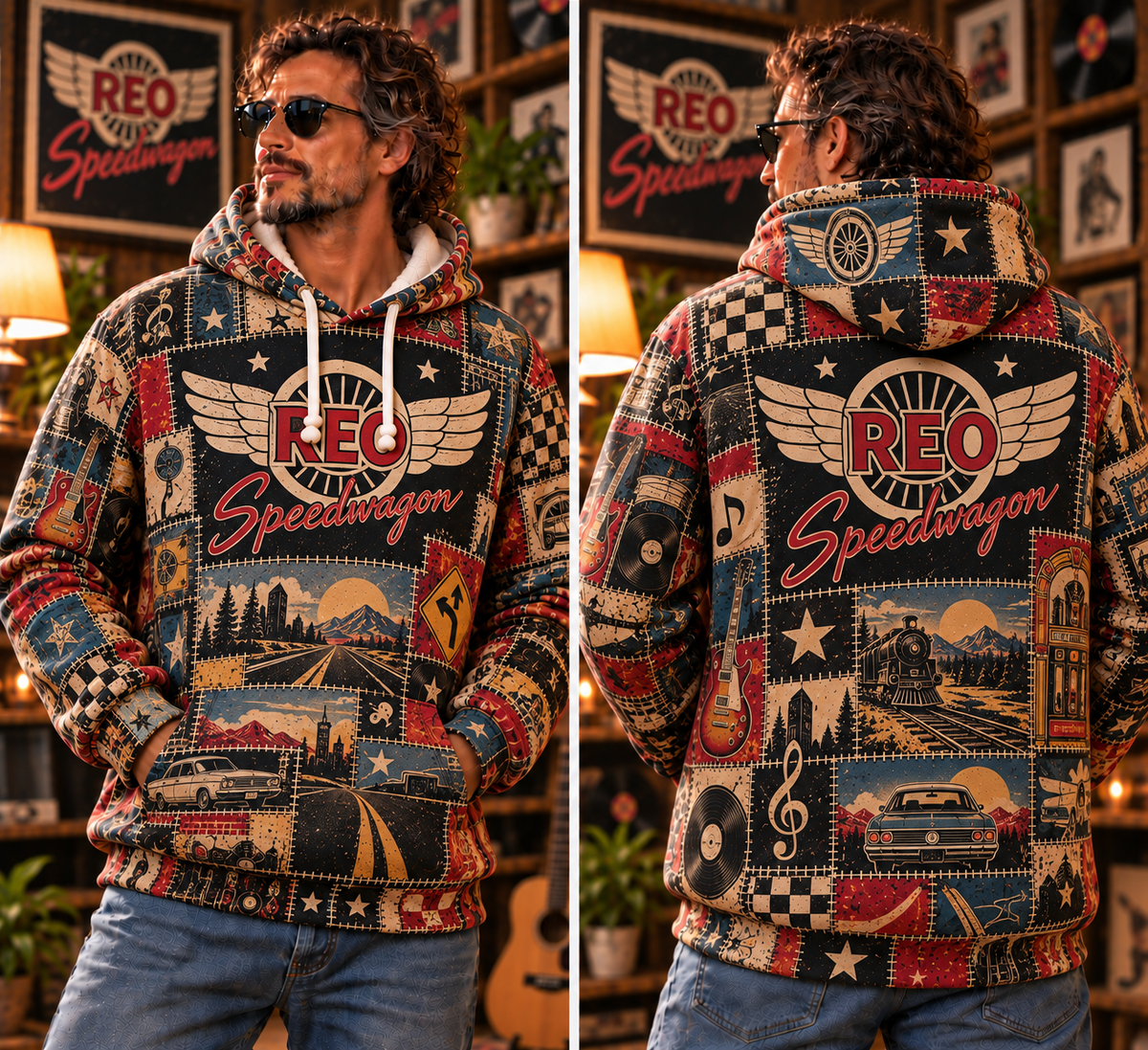REO Speedwagon Patchwork Hoodie – Vintage Classic Rock Graphic Pullover, Retro 70s 80s Rock Band Sweatshirt, Keep On Loving You Inspired Hoodie