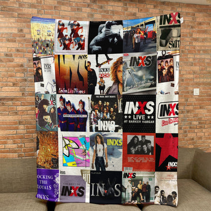 INXS Album Covers Collage Sherpa Blanket – 80s 90s Rock Band Home Decor & Michael Hutchence Fan Gift