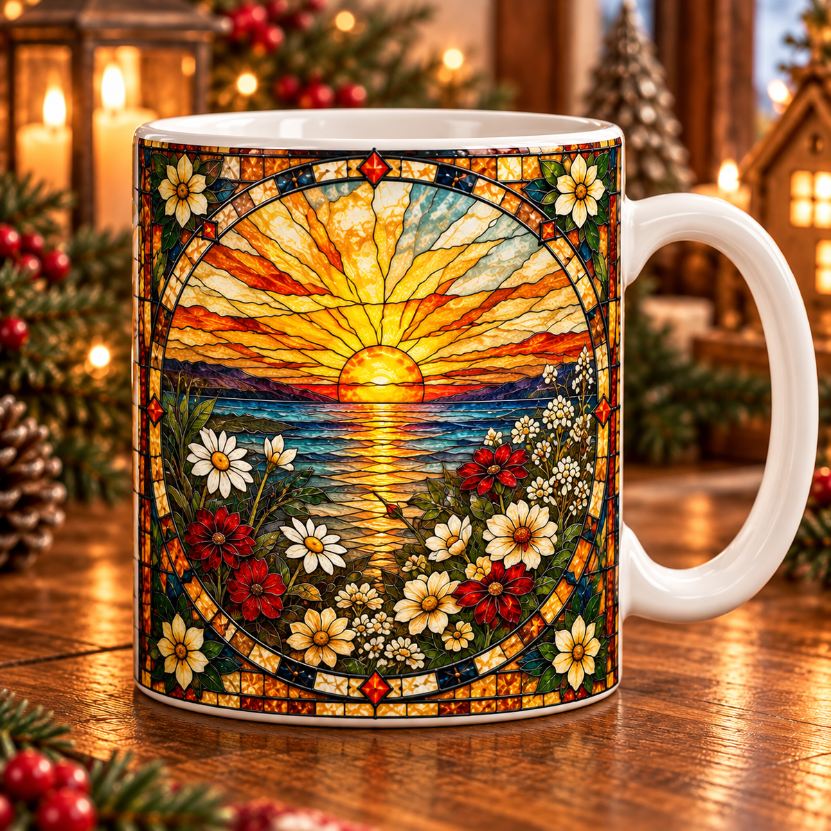 Christian Jesus Stained Glass Mug – Faith Inspired Sunrise & Floral Coffee Cup, Religious Gift for Women, Christian Home Decor