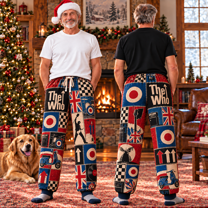 The Who Patchwork Pajama Pants - Vintage British Mod Rock Art & Union Jack Lounge Pants with Elastic Waistband, Adjustable Drawstring & Two Side Pockets
