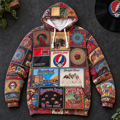 Grateful Dead Patchwork Hoodie – Vintage Psychedelic Rock Band Graphic Pullover, Retro Album Cover Hoodie, Grateful Dead Fan Gift