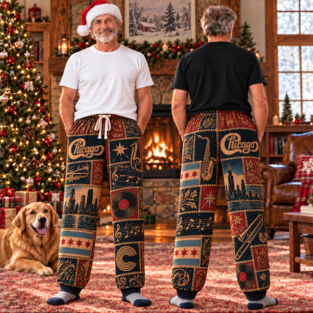 Chicago Pajama Pants- Patchwork Brass Horn & City Flag Art Lounge Pants | Classic Rock Memorabilia & Gift