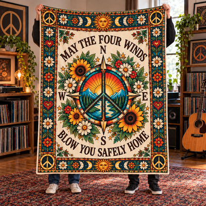 May The Four Winds Blow You Safely Home Sherpa Blanket – Peace Compass Fleece Throw, Boho Compass Throw Blanket