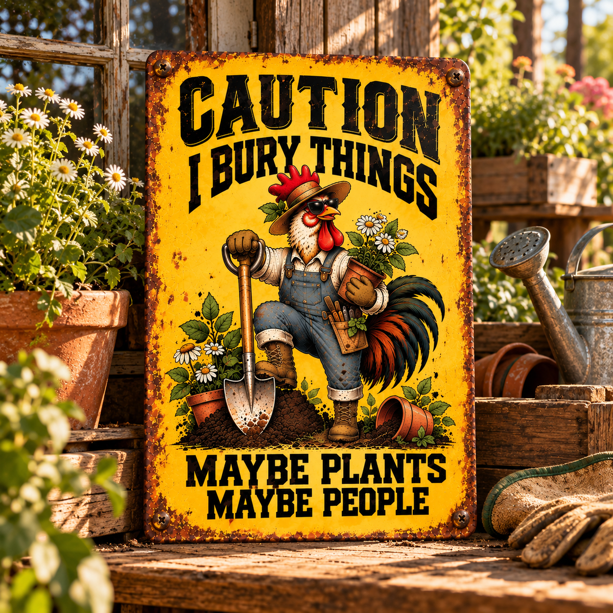 Funny Rooster Garden Metal Sign, Caution I Bury Things Maybe Plants Maybe People, Chicken Gardener Decor, Farmhouse Yard Sign, Garden Lover Gift