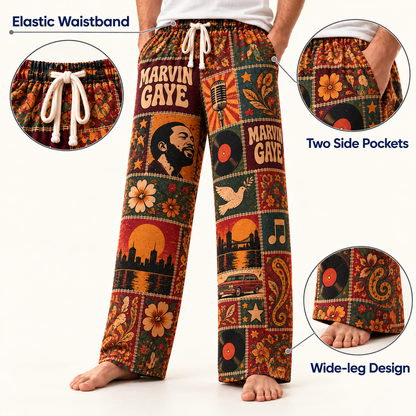 Marvin Gaye Pajama Pants - Vintage Patchwork Soul Music Portrait & Vinyl Art Lounge Pants with Elastic Waistband, Adjustable Drawstring