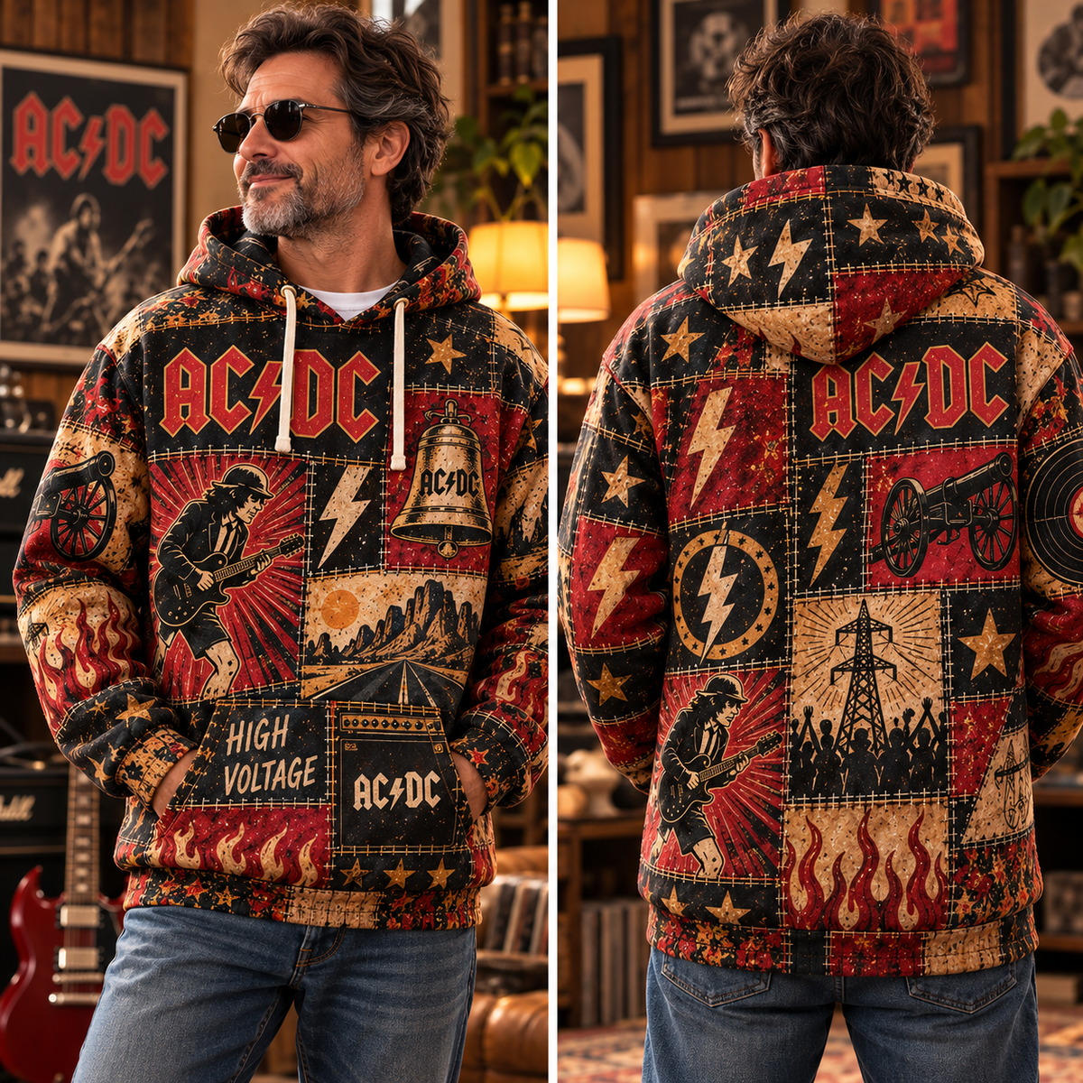 AC/DC Patchwork Hoodie – High Voltage Rock Band Pullover, Vintage Red Black Graphic Hoodie, Soft Fabric, AC/DC Fan Gift