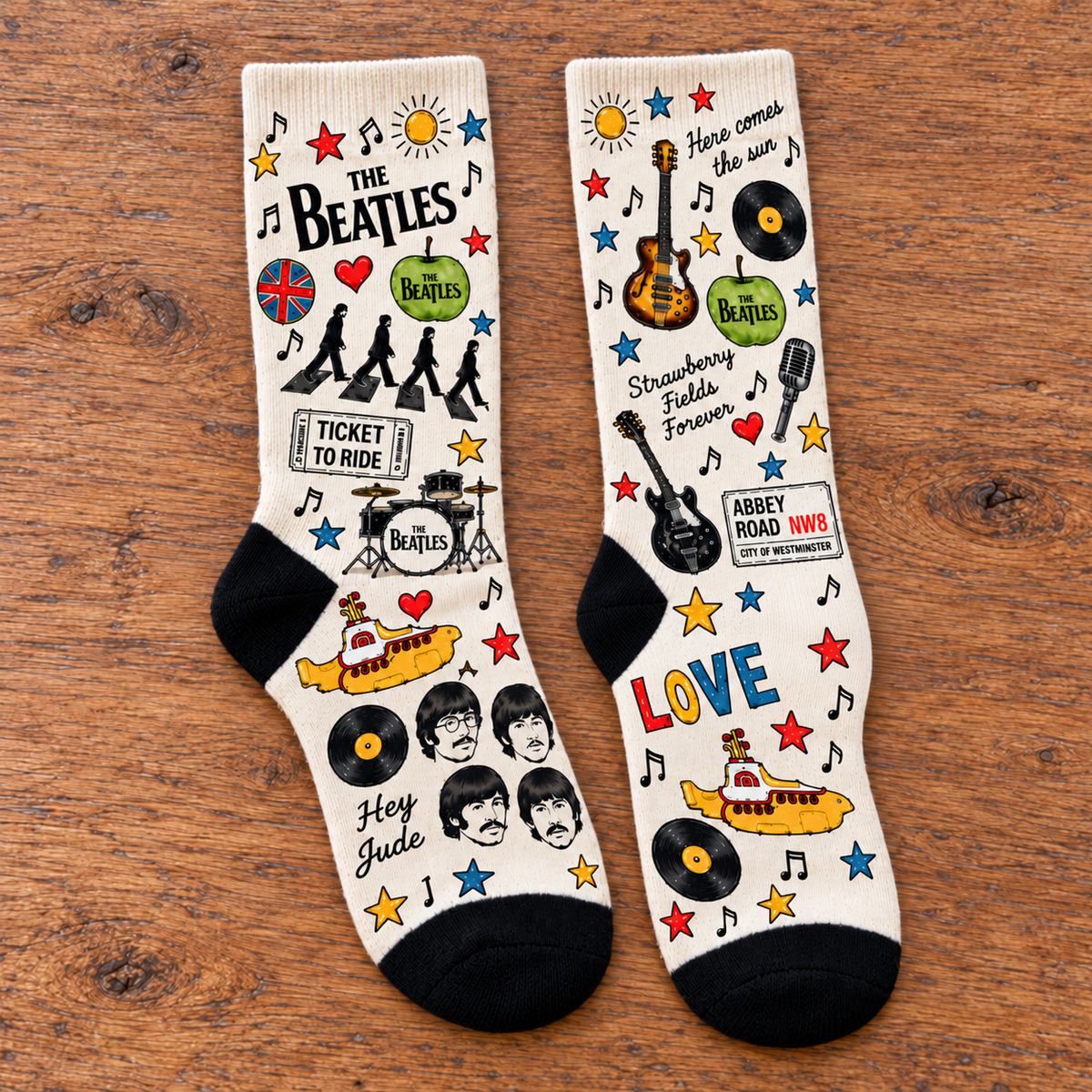 The Beatles Middle Tube Socks - Abbey Road Sketch Style Printed Band Socks, Classic Rock Music Fan Gift