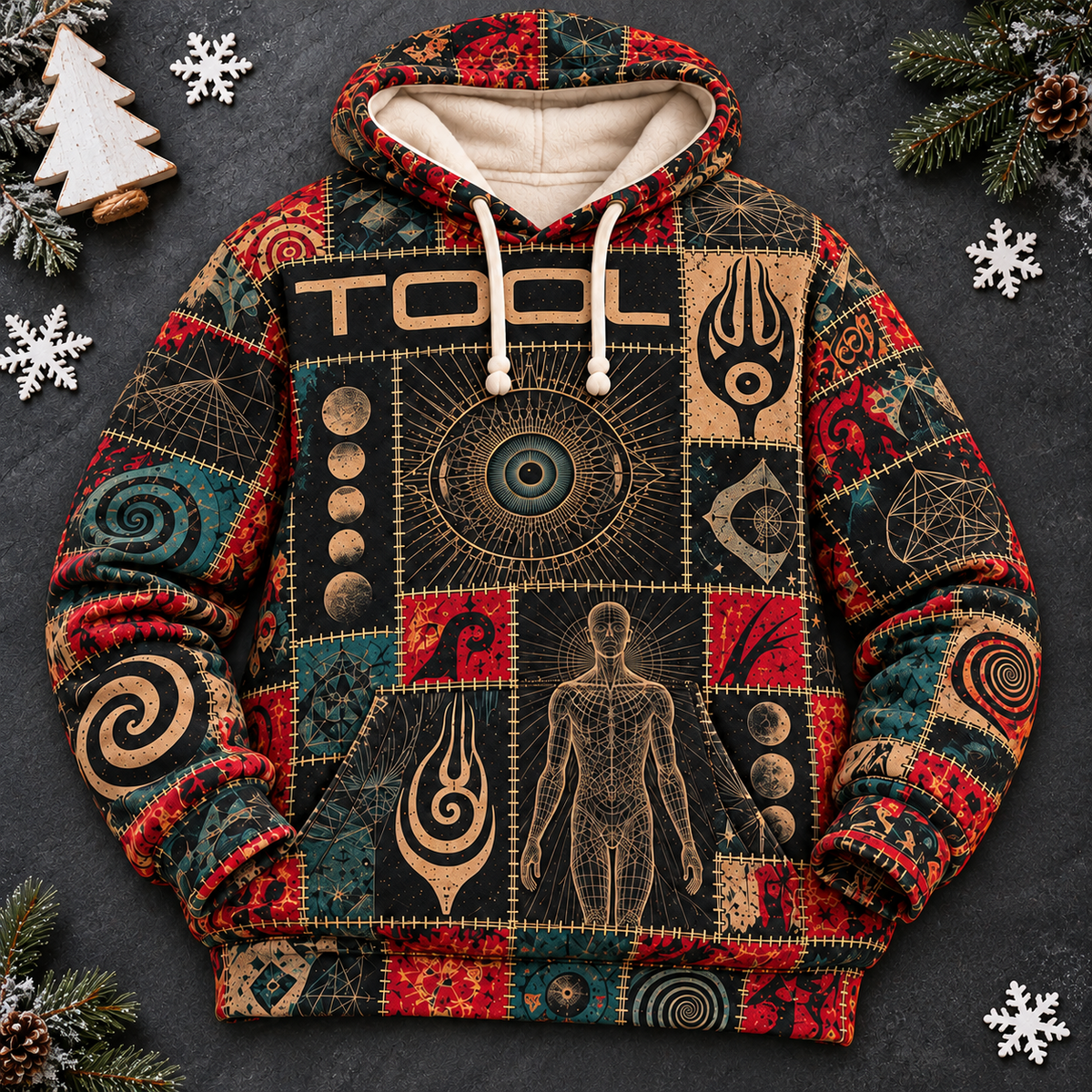 Tool Patchwork Hoodie – Vintage Progressive Metal Graphic Pullover, Lateralus & Sacred Geometry Inspired Design