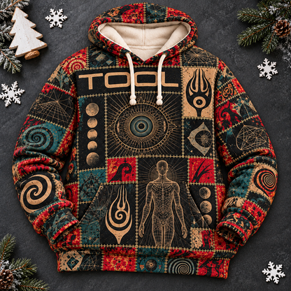 Tool Patchwork Hoodie – Vintage Progressive Metal Graphic Pullover, Lateralus & Sacred Geometry Inspired Design