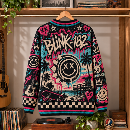 Blink-182 Retro Punk Rock Knit Cardigan - Vintage Style Album Graphic Button Down Sweater, Unique California Pop-Punk Band Merchandise Fan Outfit