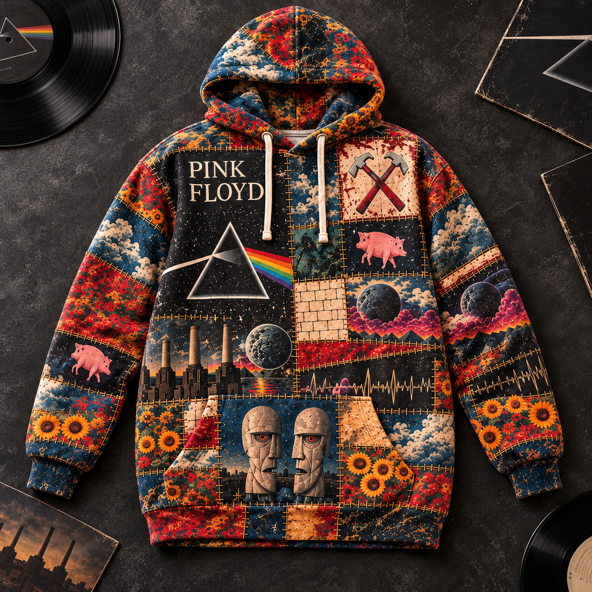 Pink Floyd Patchwork Hoodie – Vintage Dark Side of the Moon Graphic Pullover, Retro Psychedelic Rock Band Hoodie, Pink Floyd Fan Gift