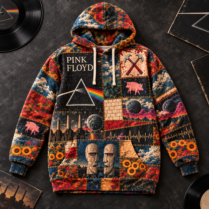 Pink Floyd Patchwork Hoodie – Vintage Dark Side of the Moon Graphic Pullover, Retro Psychedelic Rock Band Hoodie, Pink Floyd Fan Gift