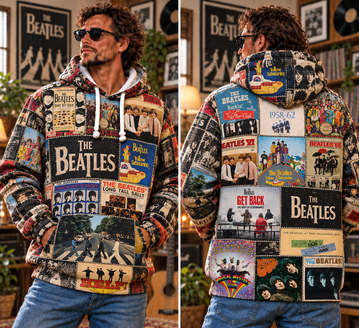 The Beatles Album Covers Patchwork Hoodie – Vintage 60s Rock Band Graphic Pullover, Abbey Road & Yellow Submarine Design, Retro Beatles Album Collage Sweatshirt,